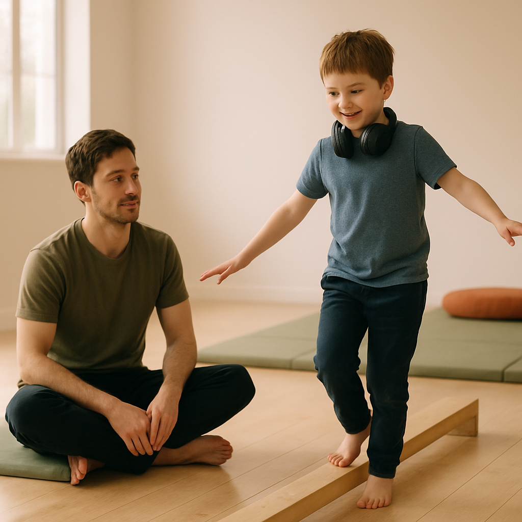 A practitioner sitting at floor level beside a young boy balancing on a low wooden beam in a bright sensory-friendly room