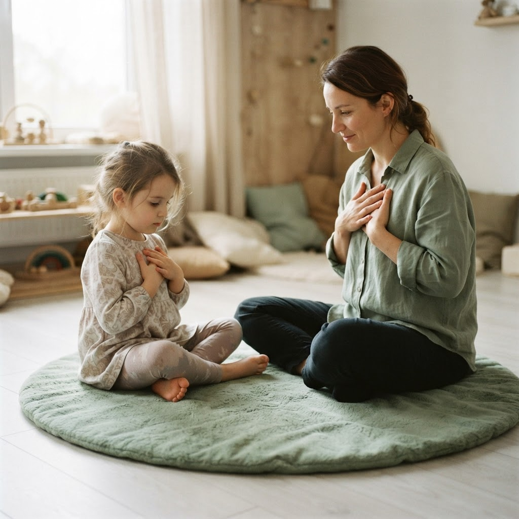 A practitioner kneeling at floor level, mirroring a slow breathing exercise with a young autistic girl who copies the gesture
