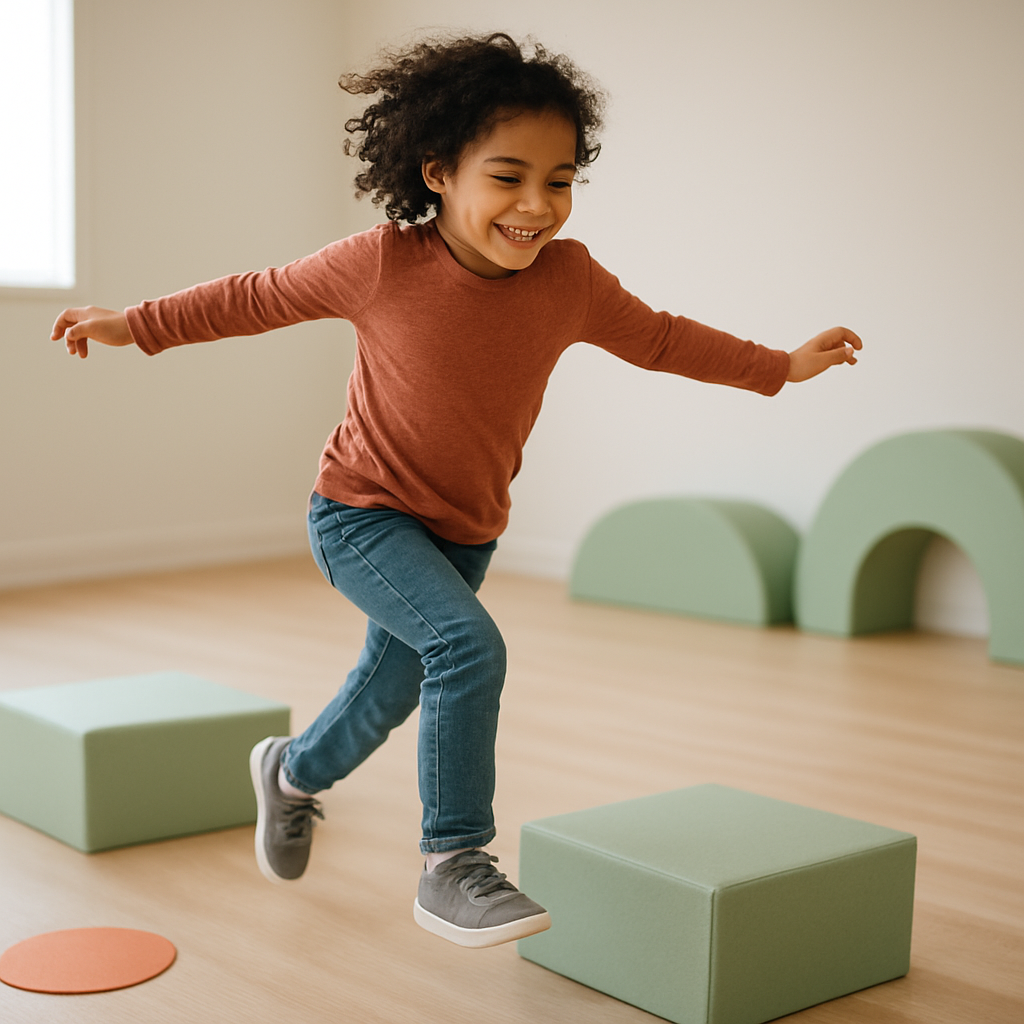 A young girl mid-jump between soft foam blocks in an obstacle course, absorbed in the task