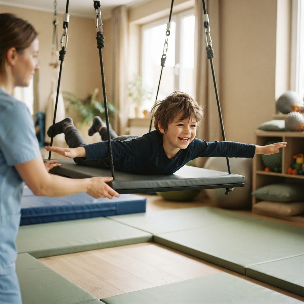An autistic boy lying belly-down on a platform therapy swing with his arms outstretched, calm and absorbed in the motion
