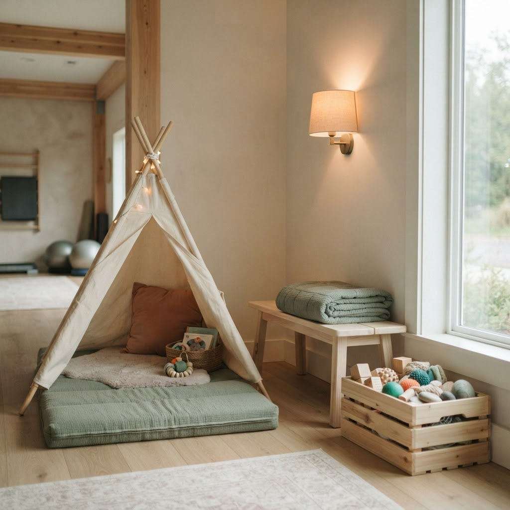 A quiet regulation corner with a canvas tent, weighted blanket, crash mat and a dimmable warm lamp